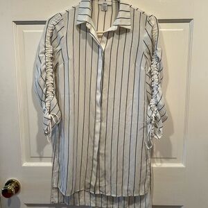 BAR III WHITE BUTTON UP COLLARED LONG POLYESTER NAVY STRIPED TOP SIZE XXS